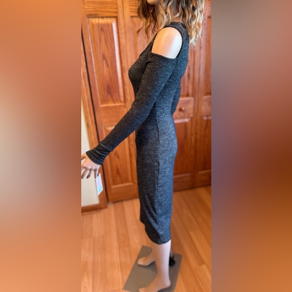 NWT JUICY COUTURE Sweater Dress Heather Gray Black Rhinestones Cold Shoulder XS - Picture 3 of 14